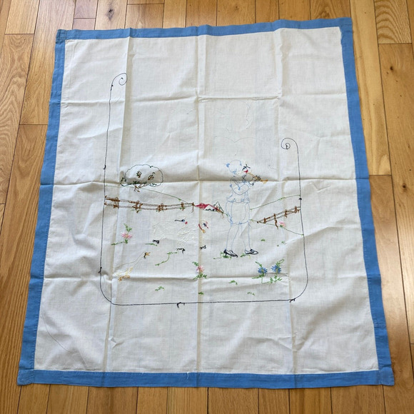 Vintage Embroidered Small Tablecloth Linen Little Boy Blue Blowing Horn Lambs - Picture 5 of 12